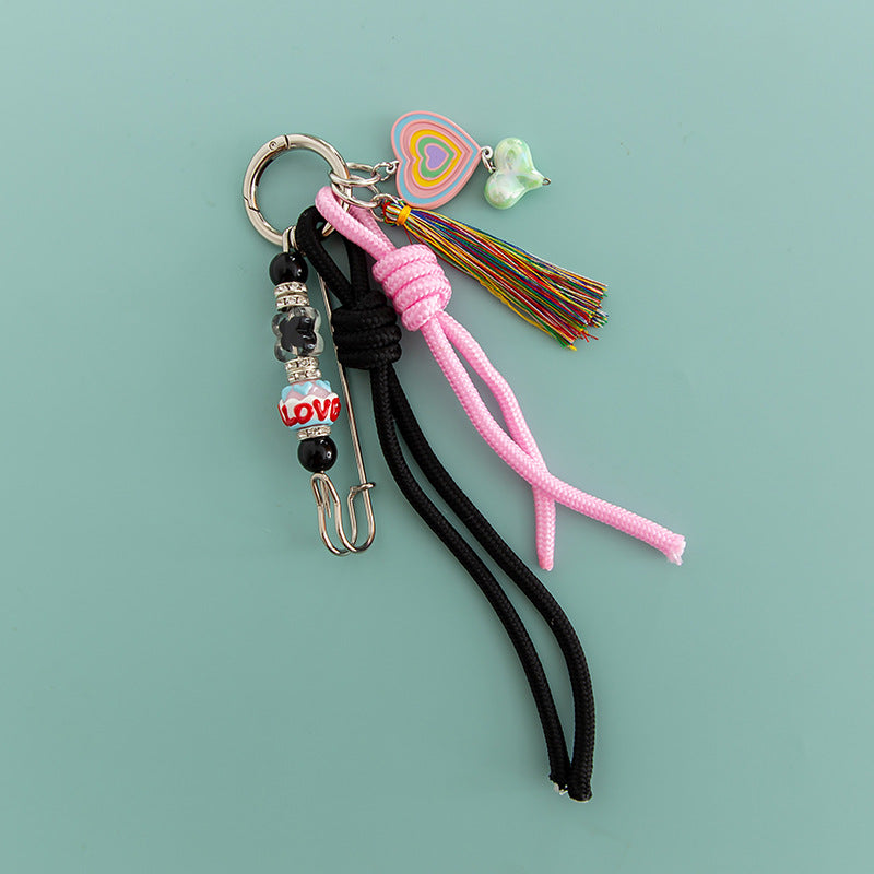 New Love Macaron Color Hand-woven Bends And Hitches Rhinestone Tassel Key Chain