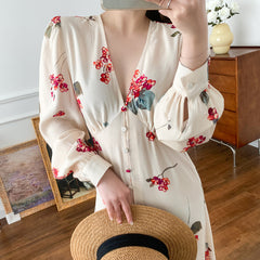 Women's Autumn Long Sleeve V-neck Tight Waist Temperament Slimming Skirt - Fashionner