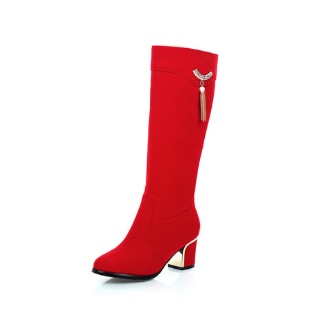 Large And Small Size Women's Suede Boots Metal Rhinestone Pendant Thick High Heel Side Zipper - Fashionner