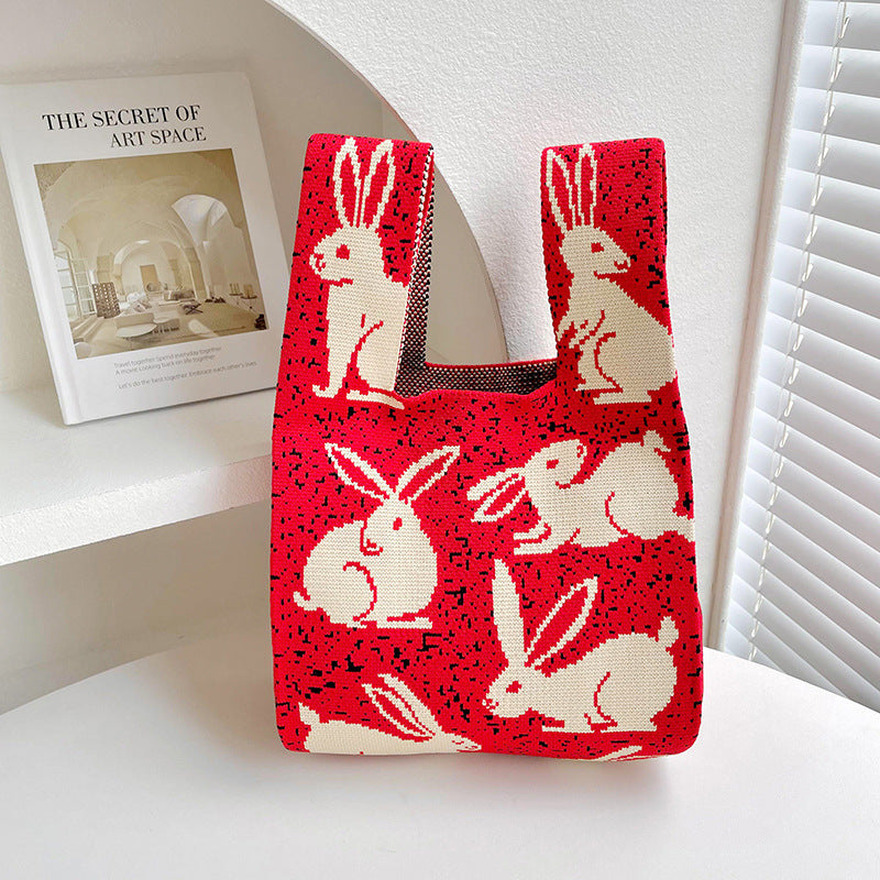 Rabbit Knitted Shoulder Bag Large Capacity Tote - Fashionner