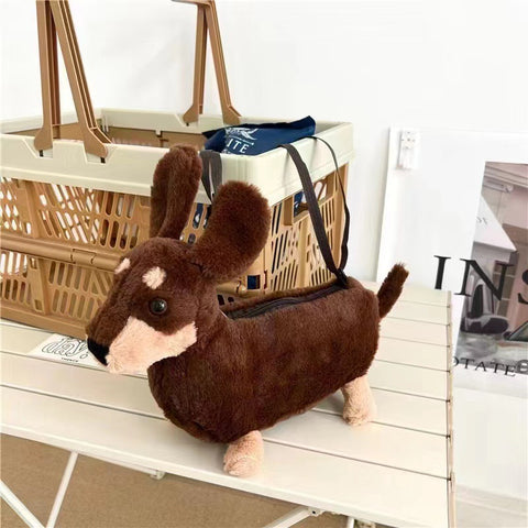 Sac bandoulière en forme de chien saucisse en peluche