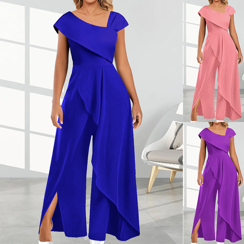 Fashion Simple Temperament Diagonal Collar Jumpsuit - Fashionner