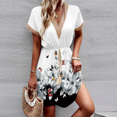 Printed Short Sleeve Lace V-neck Tight Waist Dress - Fashionner