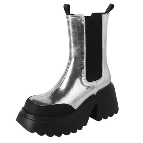 Autumn And Winter Cowhide Silver Platform Martin Boots High Heels Fleece-lined Waterproof Platform Thick Heel Stretch Women - Fashionner