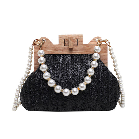 Sac à bandoulière tressé en paille avec perles pour femme