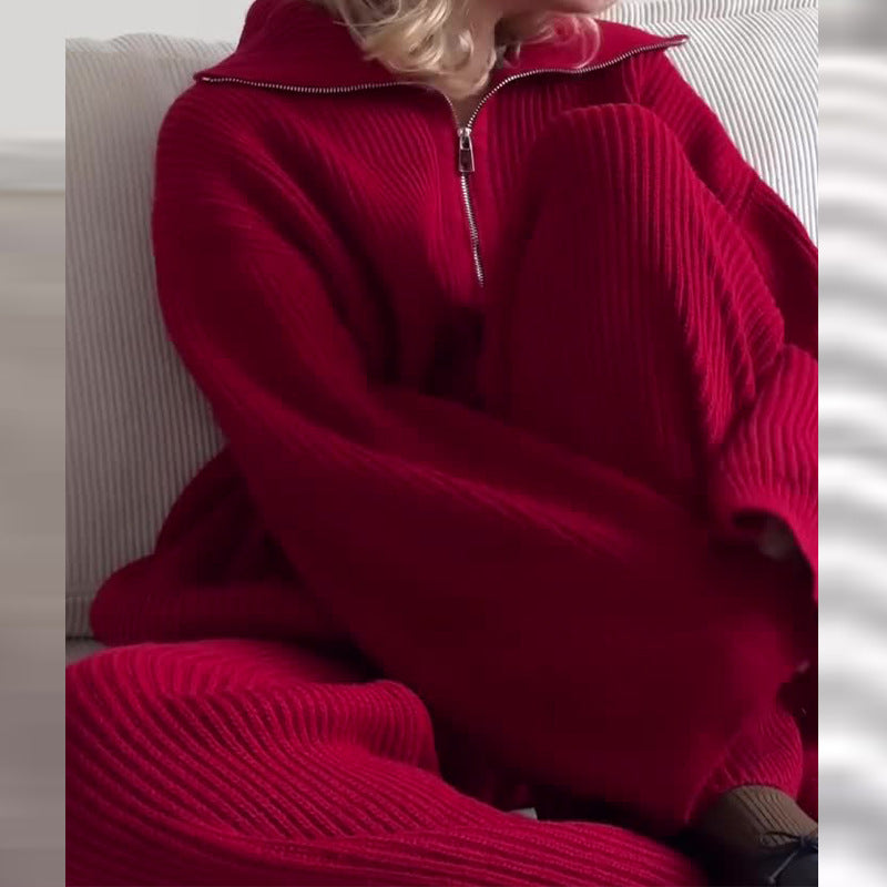 Women's Fashion Solid Color Half Zipper Collar Solid Color Trousers Two-piece Set - Fashionner