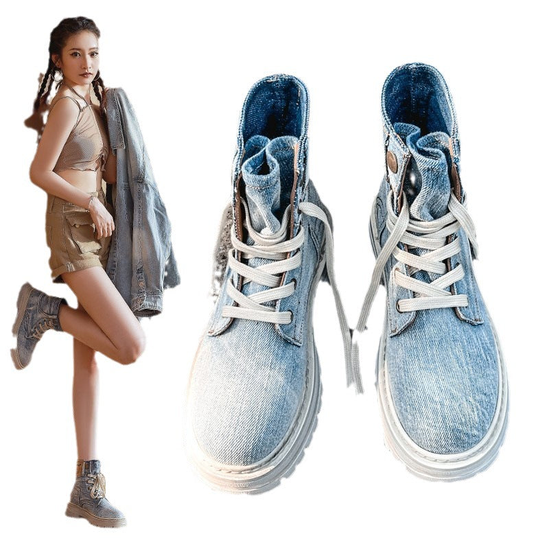 New Thick-soled Short Martin Boots Women's Retro Denim Lace-up - Fashionner