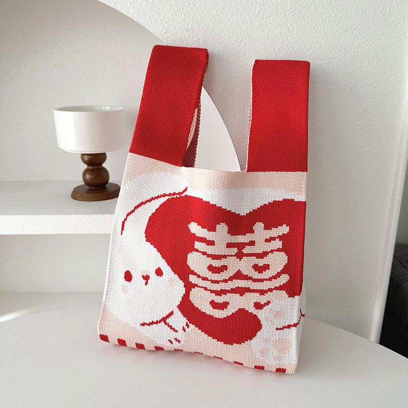 Rabbit Knitted Shoulder Bag Large Capacity Tote - Fashionner