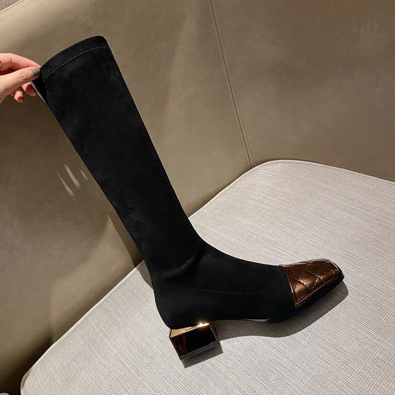 Women's Mid Heel Stitching Knee Boots Chunky Heel Women - Fashionner
