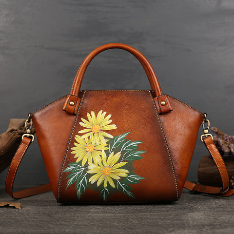 Retro Hand-painted Tote Bag First Layer Cowhide - Fashionner