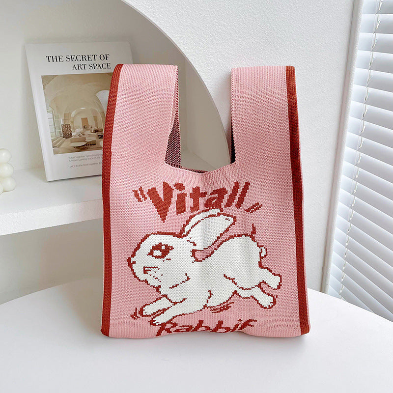 Rabbit Knitted Shoulder Bag Large Capacity Tote - Fashionner