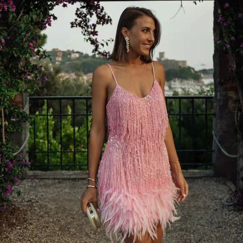 V-neck Strap Feather Stitching Dress - Fashionner