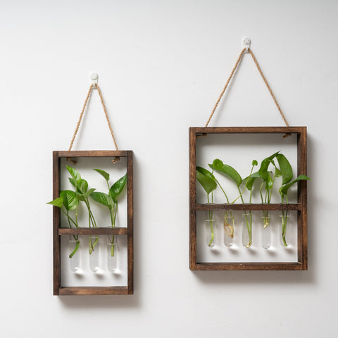Vase hydroponique en verre avec cadre en bois à suspendre – Décoration créative rétro pour chambre et salon