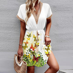 Printed Short Sleeve Lace V-neck Tight Waist Dress - Fashionner