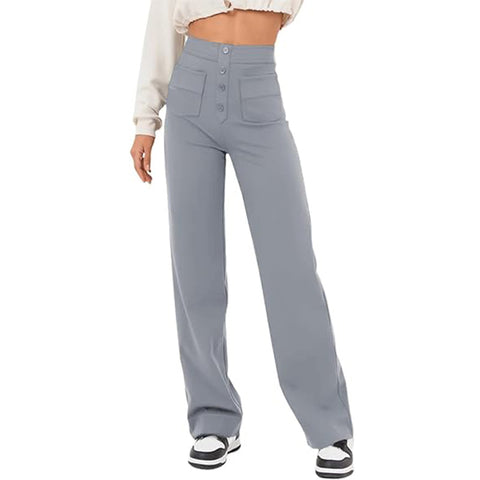 Women's Clothing High Waist Pocket Wide Leg Button Casual Loose Straight Trousers - Fashionner