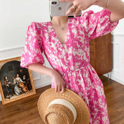 Spring And Summer New Layered Long Dress Printed Puff Sleeve Rose Red - Fashionner