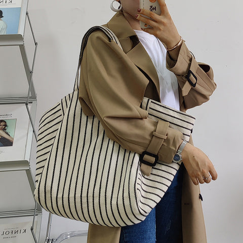 Sac en toile pour femme, sac à bandoulière, grande capacité, style décontracté, rayé, à la mode