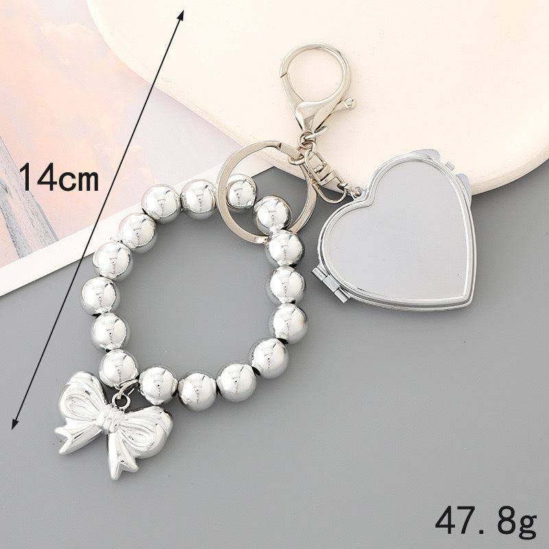 Metal Key Chain And Heart-shaped Mirror Pendant