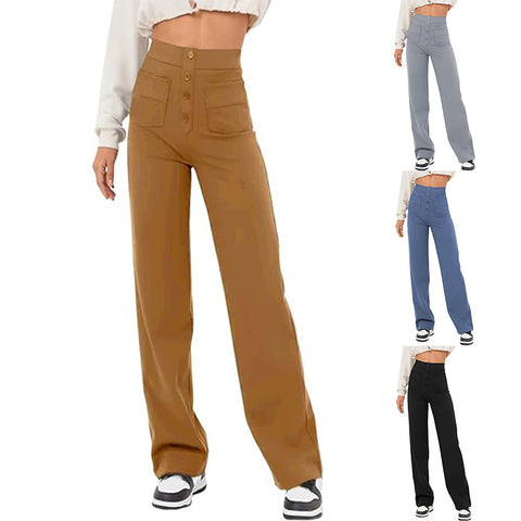 Women's Clothing High Waist Pocket Wide Leg Button Casual Loose Straight Trousers - Fashionner