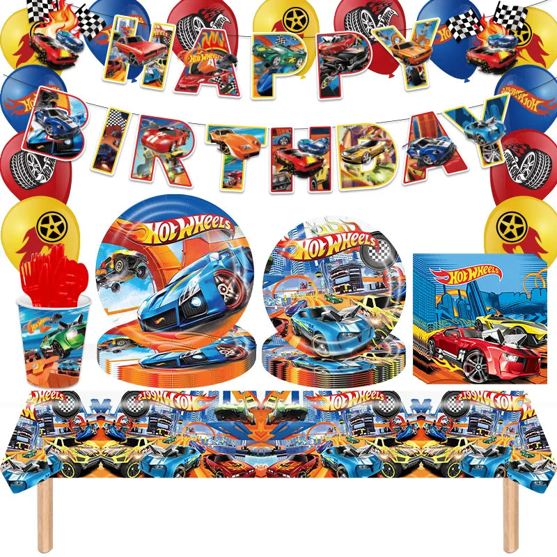 Party Hot Wheels Birthday Party Decoration Disposable Tableware Balloon Paper Cups Plates Tablecloth for Kids Boy Baby Shower Supplies - Fashionner