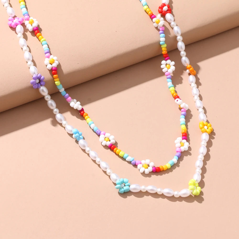 New Lovely Colorful Beads Pearl Clavicle Choker Flower Necklace for Women Girls Spring Summer Jewelry Wholesale