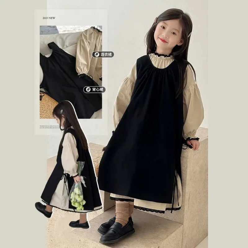 Girls Clothes Set Girls Long Sleeved Dress 2023 New Spring and Autumn Korean Style Casual Simple Dress Two Piece Set - Fashionner