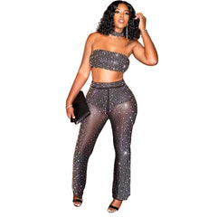 See Through Mesh Rhinestone Two Piece Outfits for Women Sexy Club Wear Sparkly Co Ord Set Women Tube Top and Pants Matching Sets