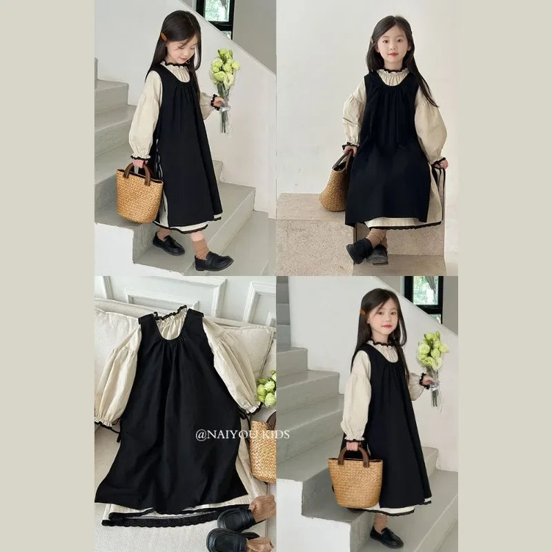 Girls Clothes Set Girls Long Sleeved Dress 2023 New Spring and Autumn Korean Style Casual Simple Dress Two Piece Set - Fashionner