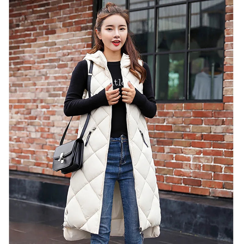 Women's Sleeveless Vest Long Down Jacket Solid Korea Hooded Padded Vests Loose Females 2022 Ladies Fashion Casual Winter Coat - Fashionner