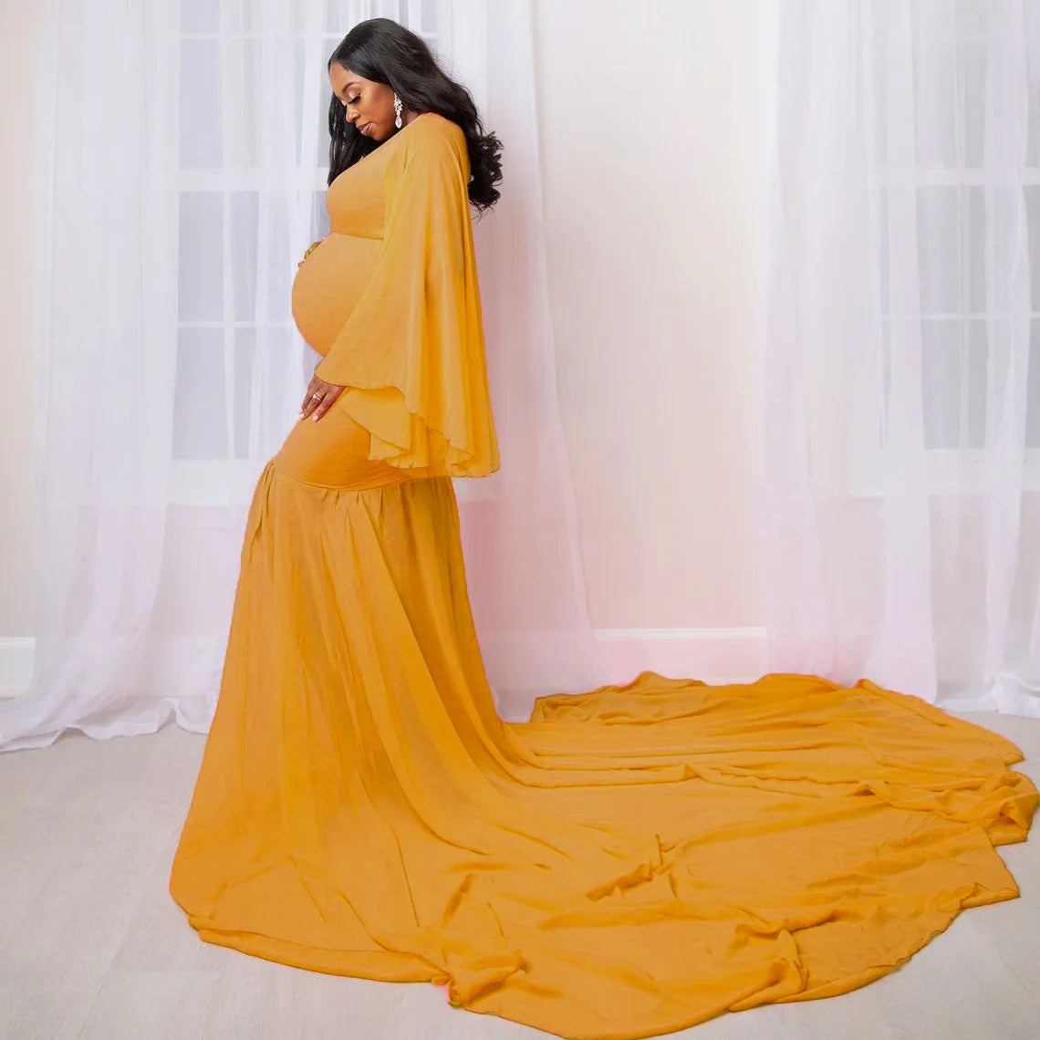 Photoshoot Long Sleeve Maxi Maternity Photography Dresses Photoshoot Fitted Gown Elegant Pregnancy Dress Pregnant Women Long Tail Dress - Fashionner