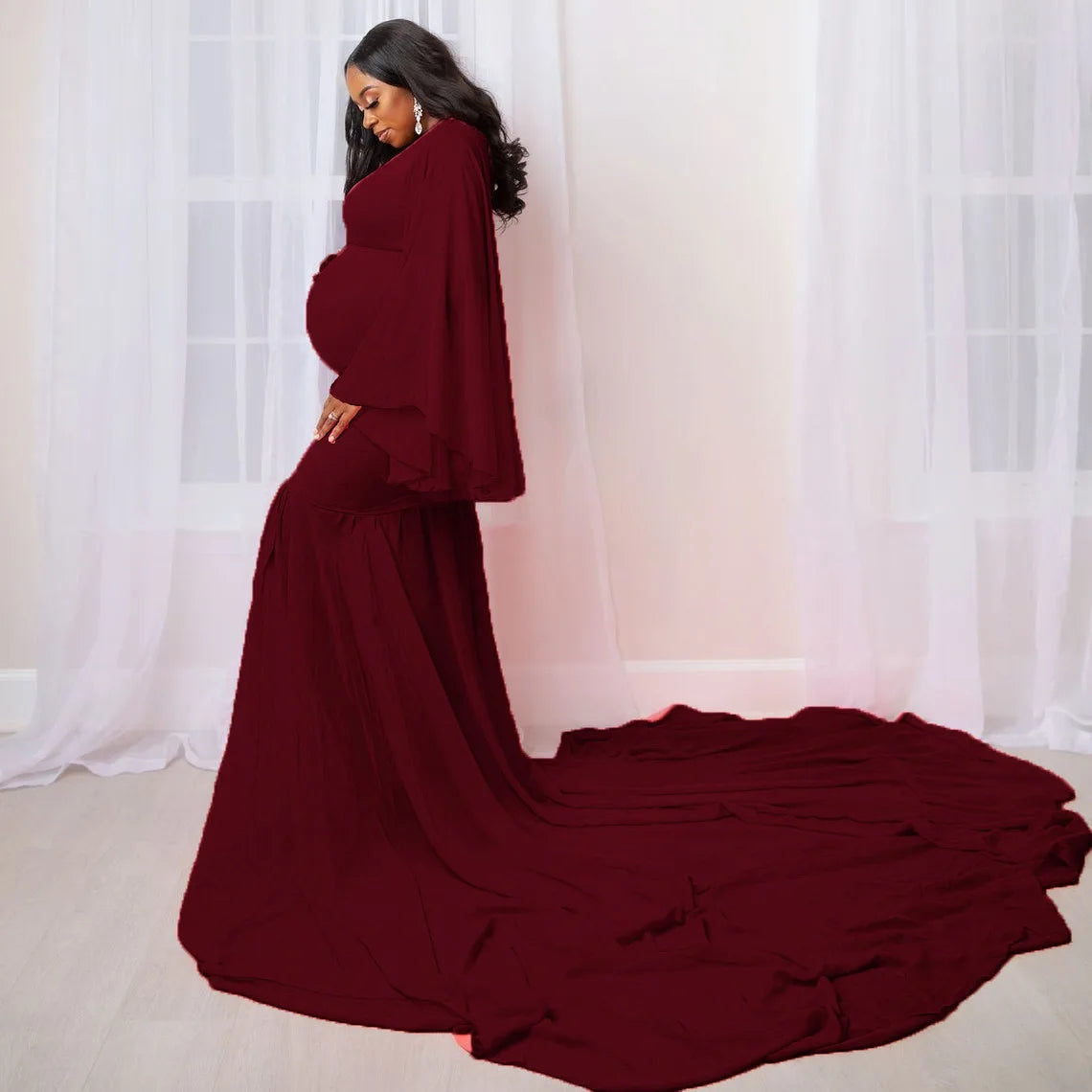 Photoshoot Long Sleeve Maxi Maternity Photography Dresses Photoshoot Fitted Gown Elegant Pregnancy Dress Pregnant Women Long Tail Dress - Fashionner
