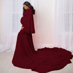 Photoshoot Long Sleeve Maxi Maternity Photography Dresses Photoshoot Fitted Gown Elegant Pregnancy Dress Pregnant Women Long Tail Dress - Fashionner