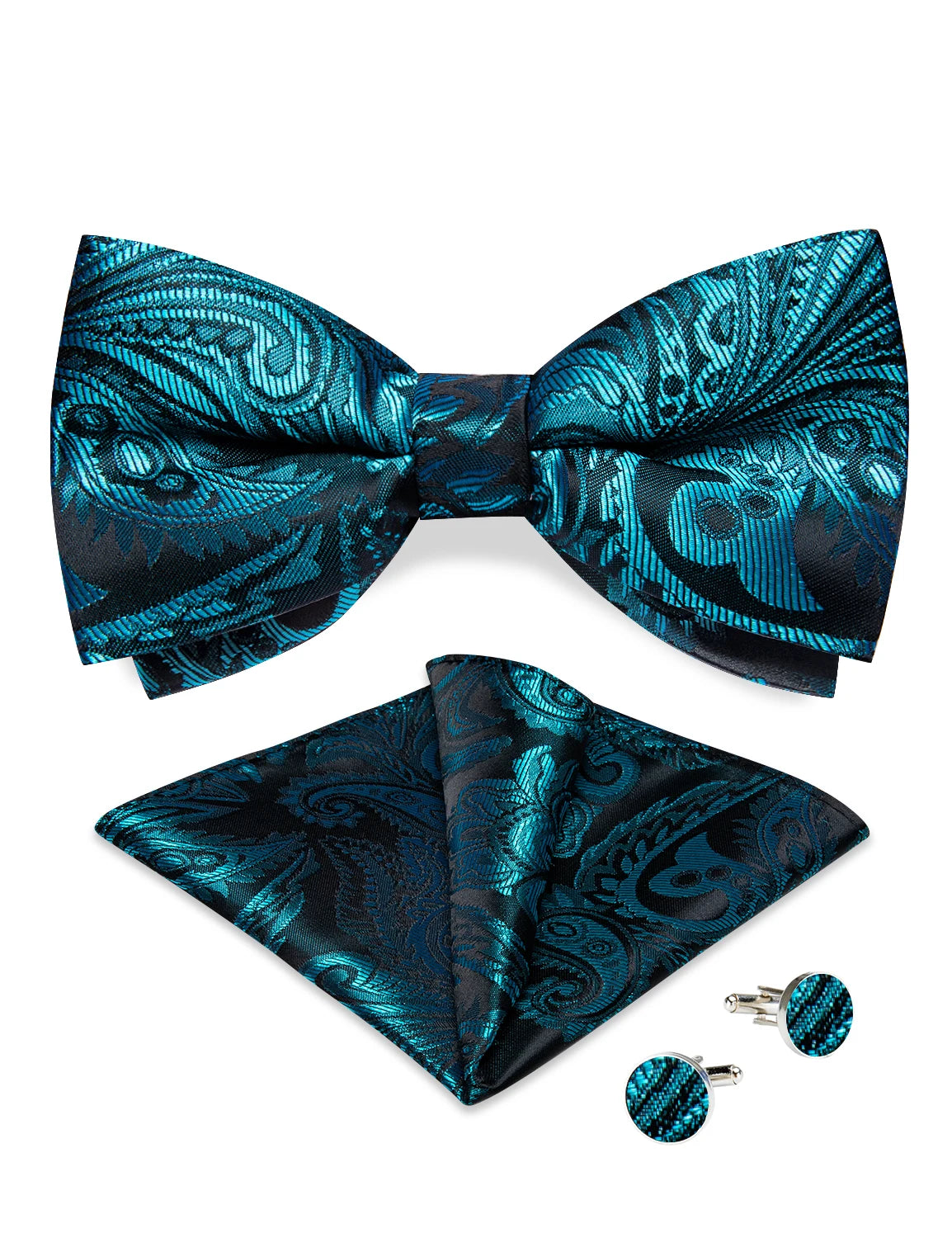 pre-wedding Luxury Blue Black Pre-tied Bow Tie and Handkerchief Cufflinks Sets for Man Wedding Business Fashion Men's Bowtie Paisley Knots - Fashionner