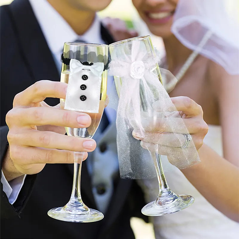 2Pcs Marriage Bride And Groom Wine Cups Wraps Champagne Glass Bottles Cover Wedding Table Decoration Bachelorette Party Decor - Fashionner