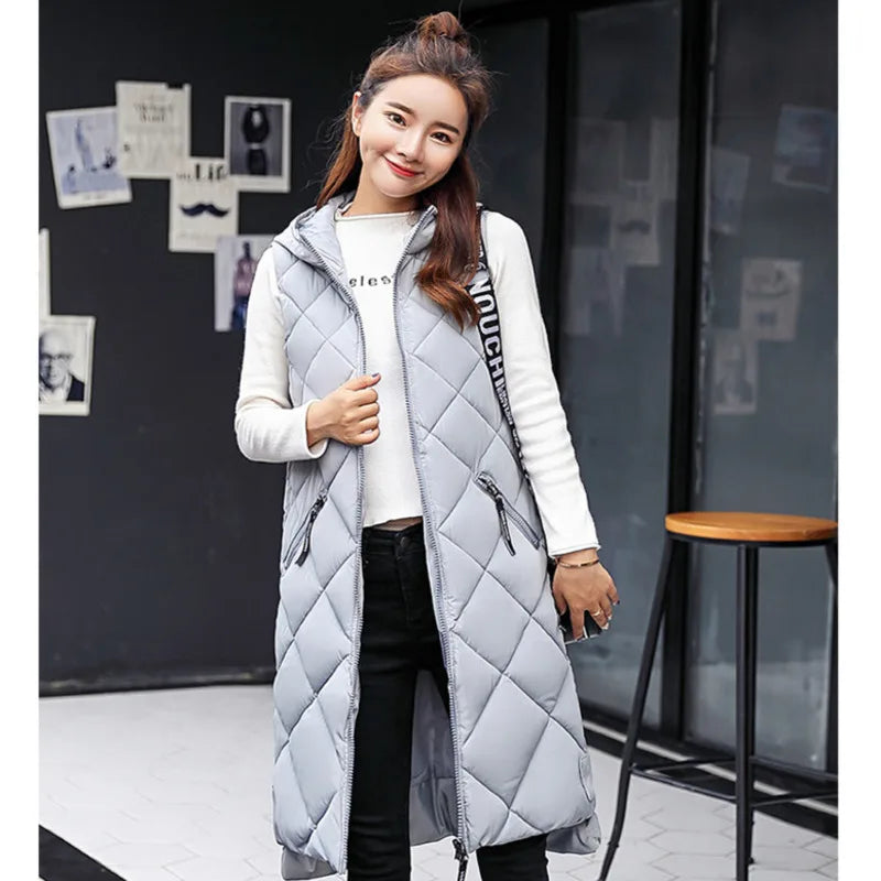 Women's Sleeveless Vest Long Down Jacket Solid Korea Hooded Padded Vests Loose Females 2022 Ladies Fashion Casual Winter Coat - Fashionner