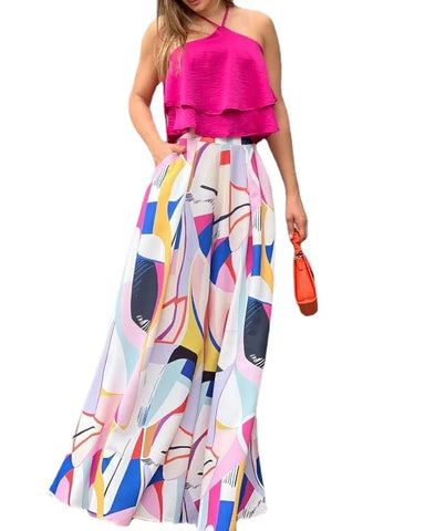 Co Ord Set Women Summer Halter Top&Wide Leg Pant Print Loose Beach Outfits Elegant 2022 Fashion Clothing Two Piece Set Going Out - Fashionner