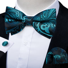 pre-wedding Luxury Blue Black Pre-tied Bow Tie and Handkerchief Cufflinks Sets for Man Wedding Business Fashion Men's Bowtie Paisley Knots - Fashionner