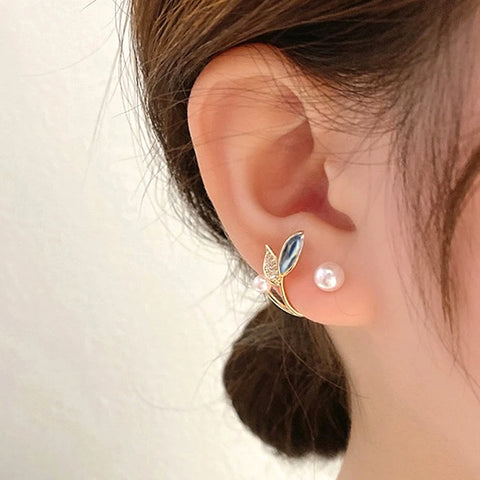 2023 Korean Elegant Leaves Back Hanging Pearl Earrings For Women Fashion Luxury Flower Fishtail Crystal Stud Earring Jewelry - Fashionner