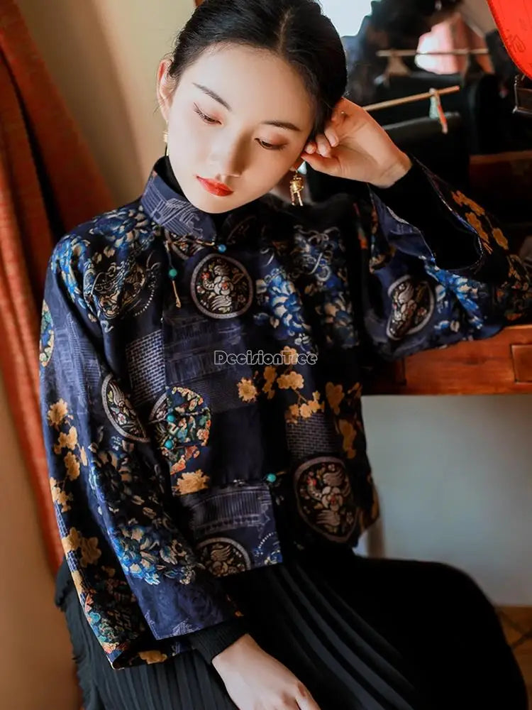 Traditional 2023 autumn new chinese style traditional hanfu top print cheongsam oriental blouse elegant festival party dress qipao top pd - Fashionner