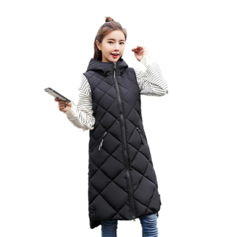 Women's Sleeveless Vest Long Down Jacket Solid Korea Hooded Padded Vests Loose Females 2022 Ladies Fashion Casual Winter Coat - Fashionner
