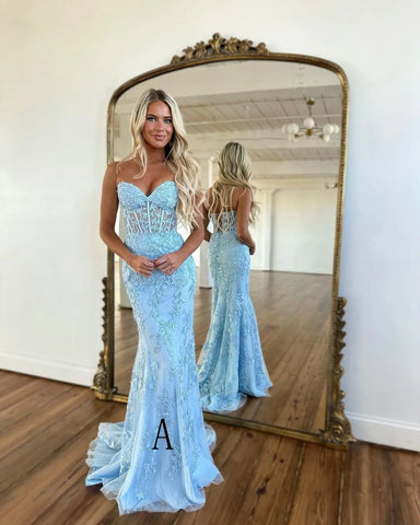 Lilac Evening Dresses 2023 Long Lace Appliques Crystal Mermaid Sweetheart Sweep Train Corset Back Sleeveless Prom Gowns Women - Fashionner