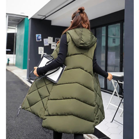 Women's Sleeveless Vest Long Down Jacket Solid Korea Hooded Padded Vests Loose Females 2022 Ladies Fashion Casual Winter Coat - Fashionner