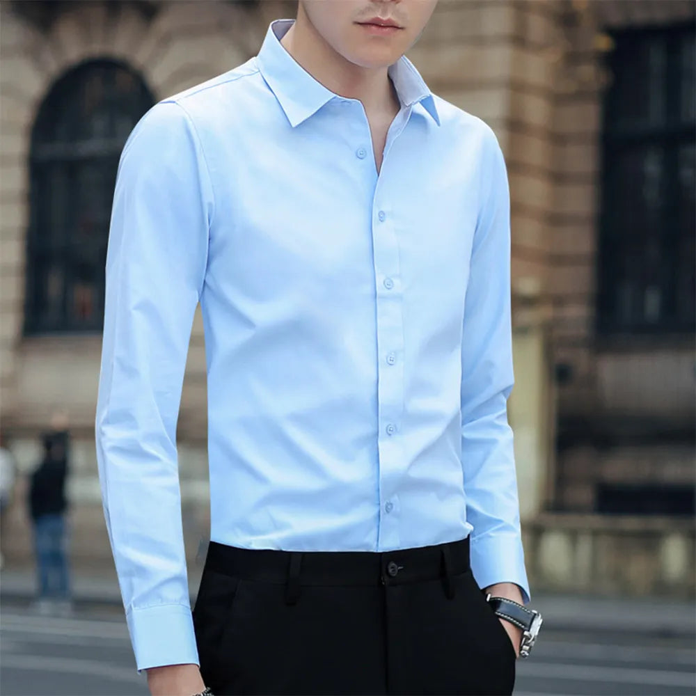 Men Long Sleeve Shirts Office Business Formal Dress Shirt Man Casual Blouse Solid Slim Fit Tops Fashion Male Clothing - Fashionner
