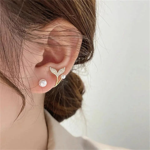 2023 Korean Elegant Leaves Back Hanging Pearl Earrings For Women Fashion Luxury Flower Fishtail Crystal Stud Earring Jewelry - Fashionner