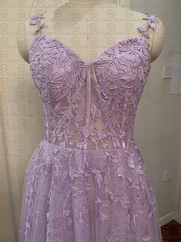 Lilac Evening Dresses 2023 Long Lace Appliques Crystal Mermaid Sweetheart Sweep Train Corset Back Sleeveless Prom Gowns Women - Fashionner
