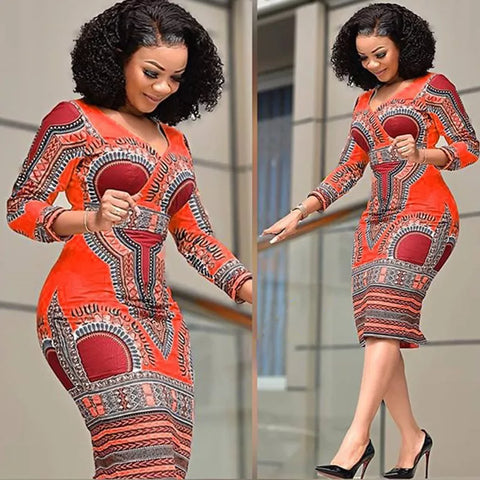 Buy Traditional New Fashion Print Dress Waist Women'S Ethnic Style Package Hip Skirt V-Neck Tight A-Line Skirt African Women'S Clothing online at Fashionner.