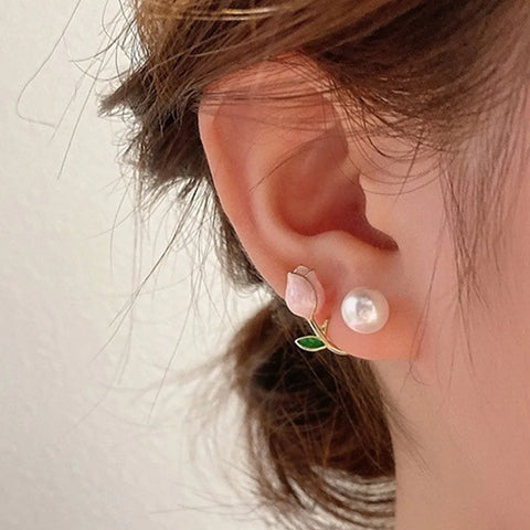 2023 Korean Elegant Leaves Back Hanging Pearl Earrings For Women Fashion Luxury Flower Fishtail Crystal Stud Earring Jewelry - Fashionner