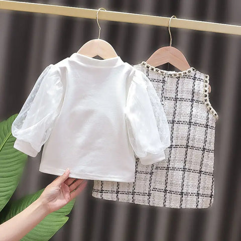 Western 2022 New Girls' Two-piece One-piece Dress for Girls, Little Fragrance, Western Style, Plaid Dress for Spring and Autumn - Fashionner