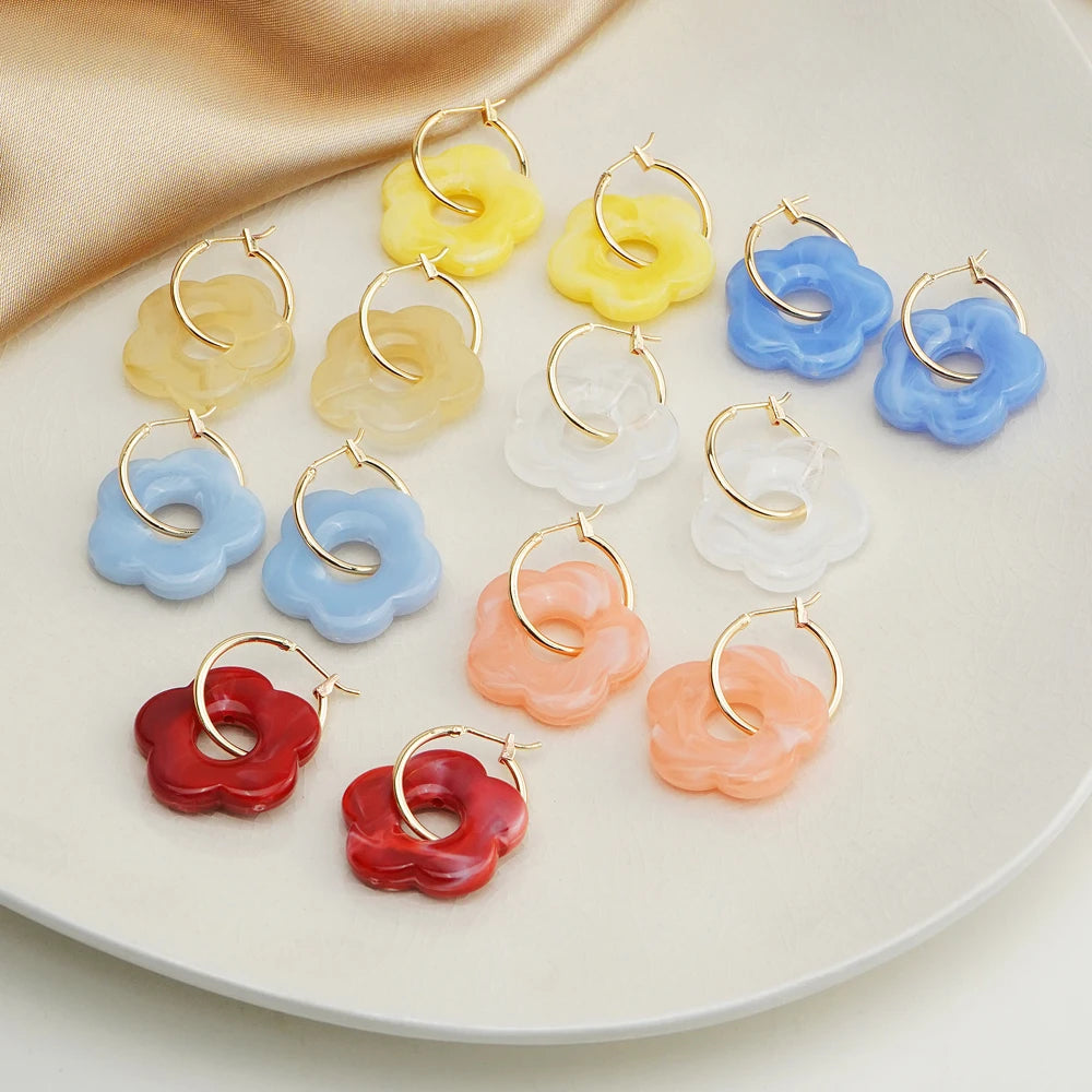 2023 New Colorful Flower Resin Acrylic Charms Earring Gold Color Circle Ear Buckle Hoop Earrings for Women Cute Gift Jewelry - Fashionner