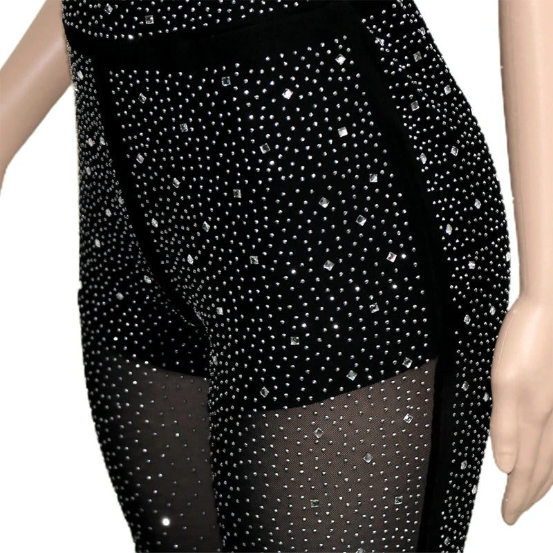 See Through Mesh Rhinestone Two Piece Outfits for Women Sexy Club Wear Sparkly Co Ord Set Women Tube Top and Pants Matching Sets